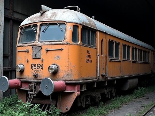 修復前の歴史的な蒸気機関車、錆びて古びた状態