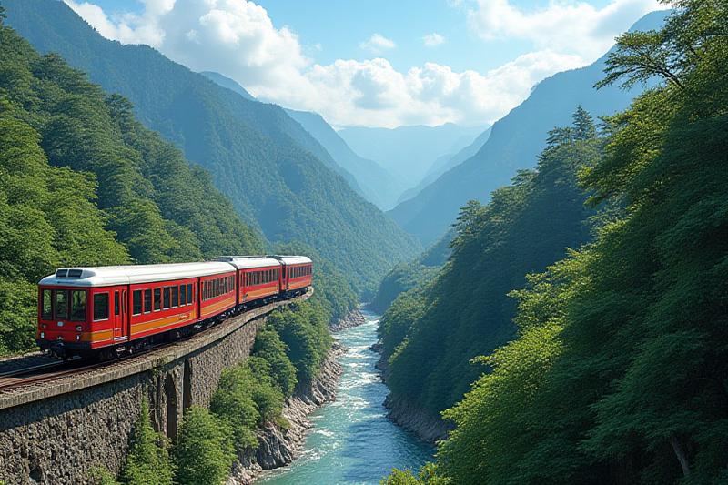 日本の山間を走る美しい観光列車